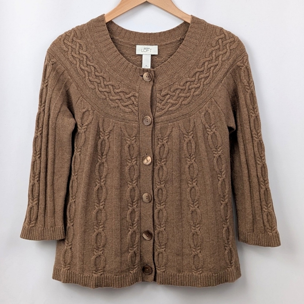Ann Taylor Loft Cable Knit Cardigan Sweater Cashmere Blend Button Front Brown M